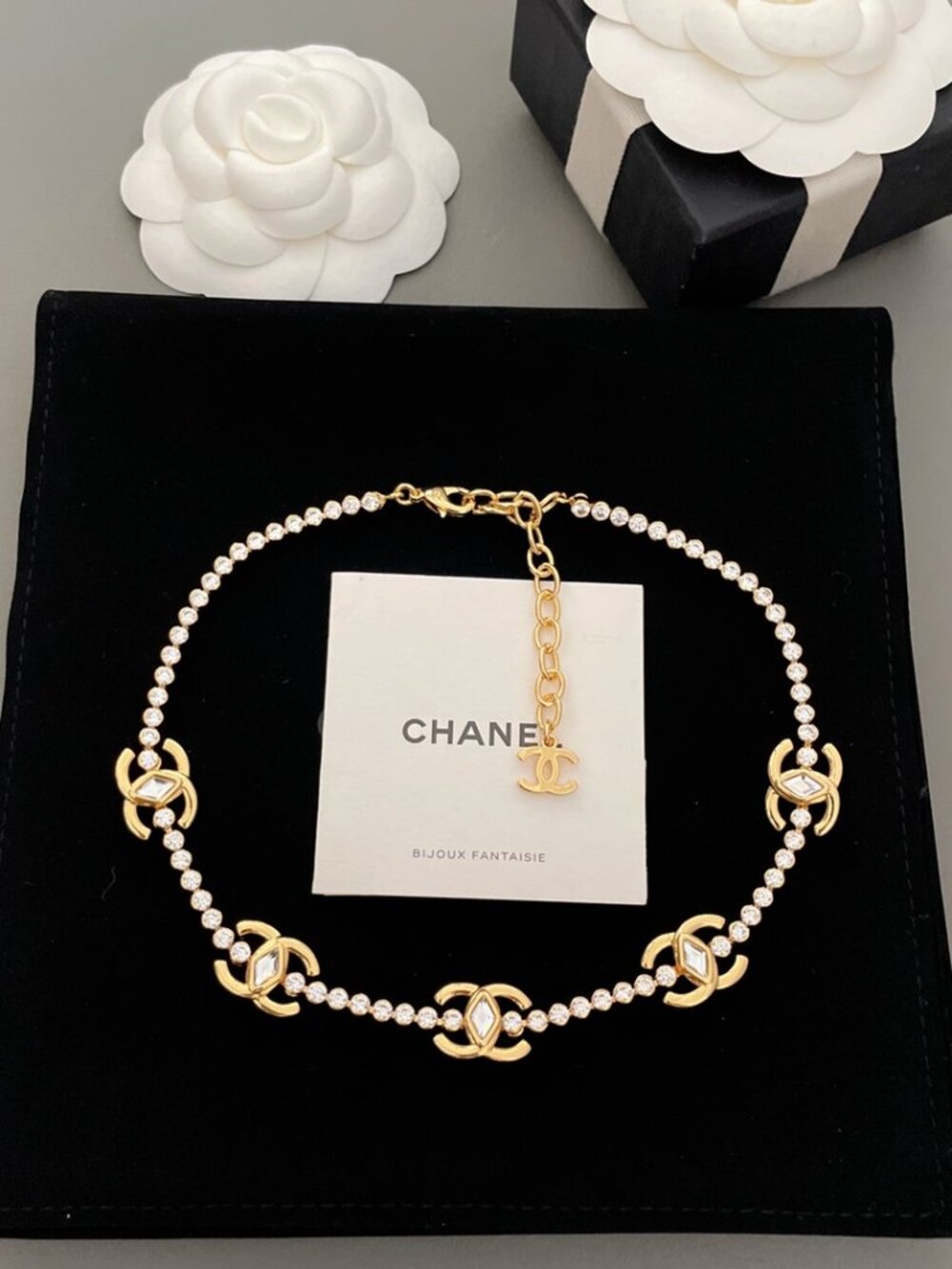 CHANEL Gold-Tone Crystal CC Necklace in White